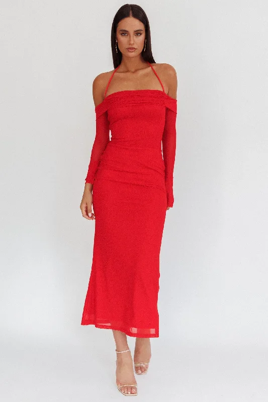 Red Halter Off Shoulder Mesh Maxi Dress