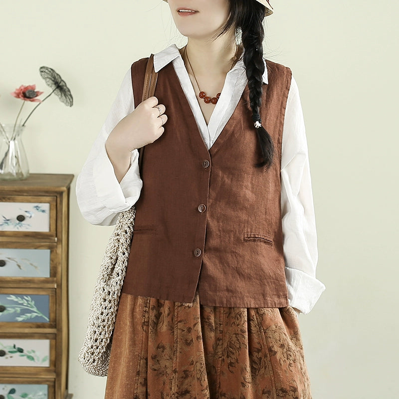 Women Spring Artistic Solid Color Linen V-Neck Vest