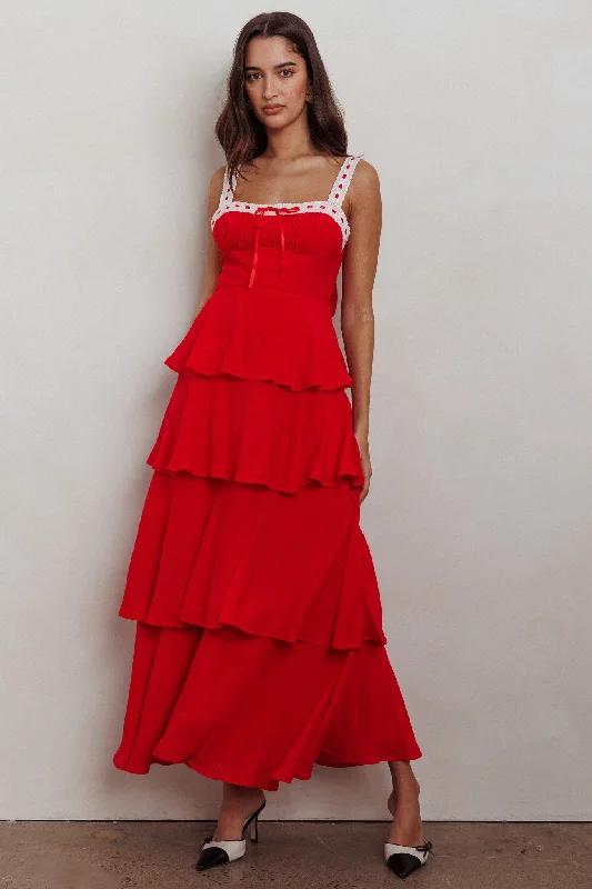 Provence Bloom Tiered Ruffle Maxi Dress Red