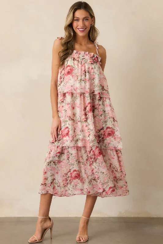 Flourishing Frenzy Pink Floral Print Midi Dress