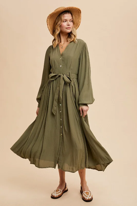 Olive Belted Long Sleeve Maxi Dress