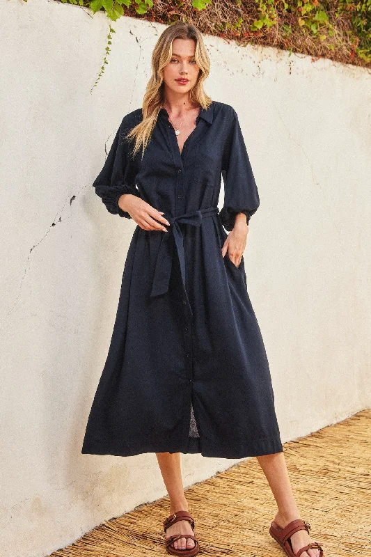 Navy 3/4 Bubble Sleeve Midi Shirt Dress