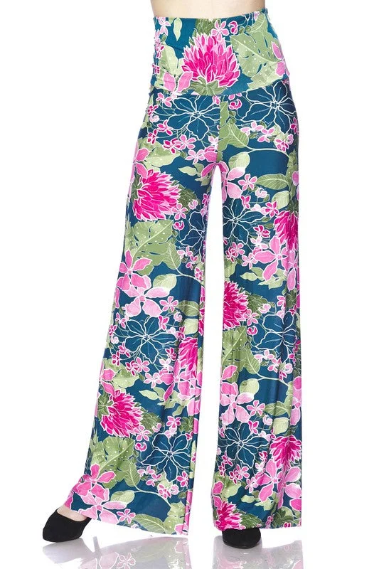 Bright Tropical Flower Palazzo Pants - Teal Fuchsia