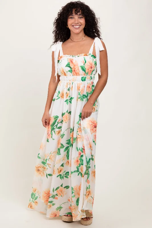 Peach Tropical Floral Shoulder Tie Maxi Dress