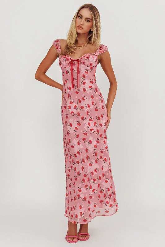 Femme Belle Ribbon Trim Maxi Dress Floral Pink