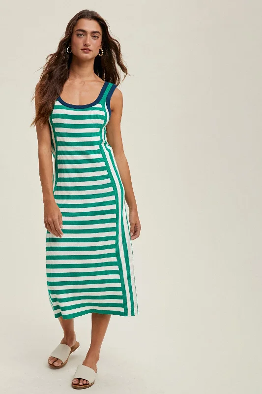 Green Mixed Stripe Ribbed Knit Sleeveless Midi Dress