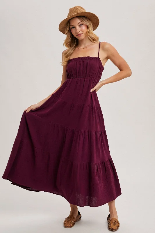 Plum Crochet Trim Tiered Maxi Dress