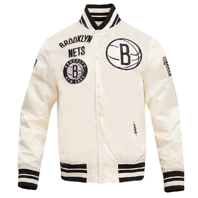 NBA BROOKLYN NETS RETRO CLASSIC MEN'S RIB SATIN JACKET (EGGSHELL/ BLACK)