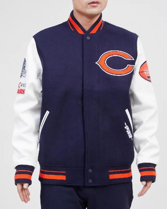 NFL CHICAGO BEARS OLD ENGLISH WOOL MEN'S VARSITY JACKET (MIDNIGHT NAVY/ORANGE/MIDNIGHT NAVY)