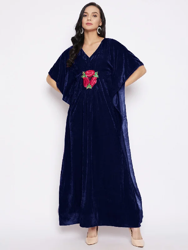 Stretchable Velvet Kaftan with Floral Embroidery