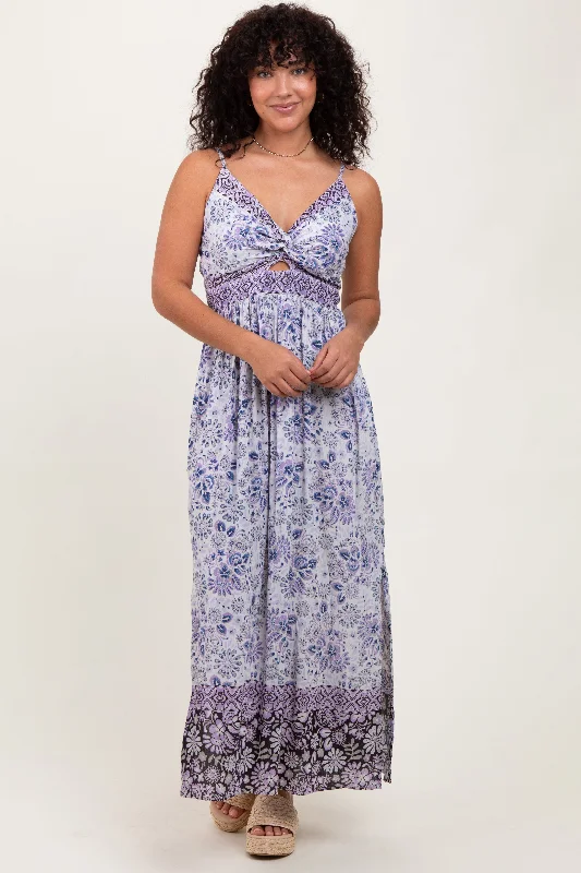 Blue Floral Front Cutout Side Slit Maxi Dress