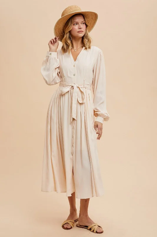 Beige Belted Long Sleeve Maxi Dress